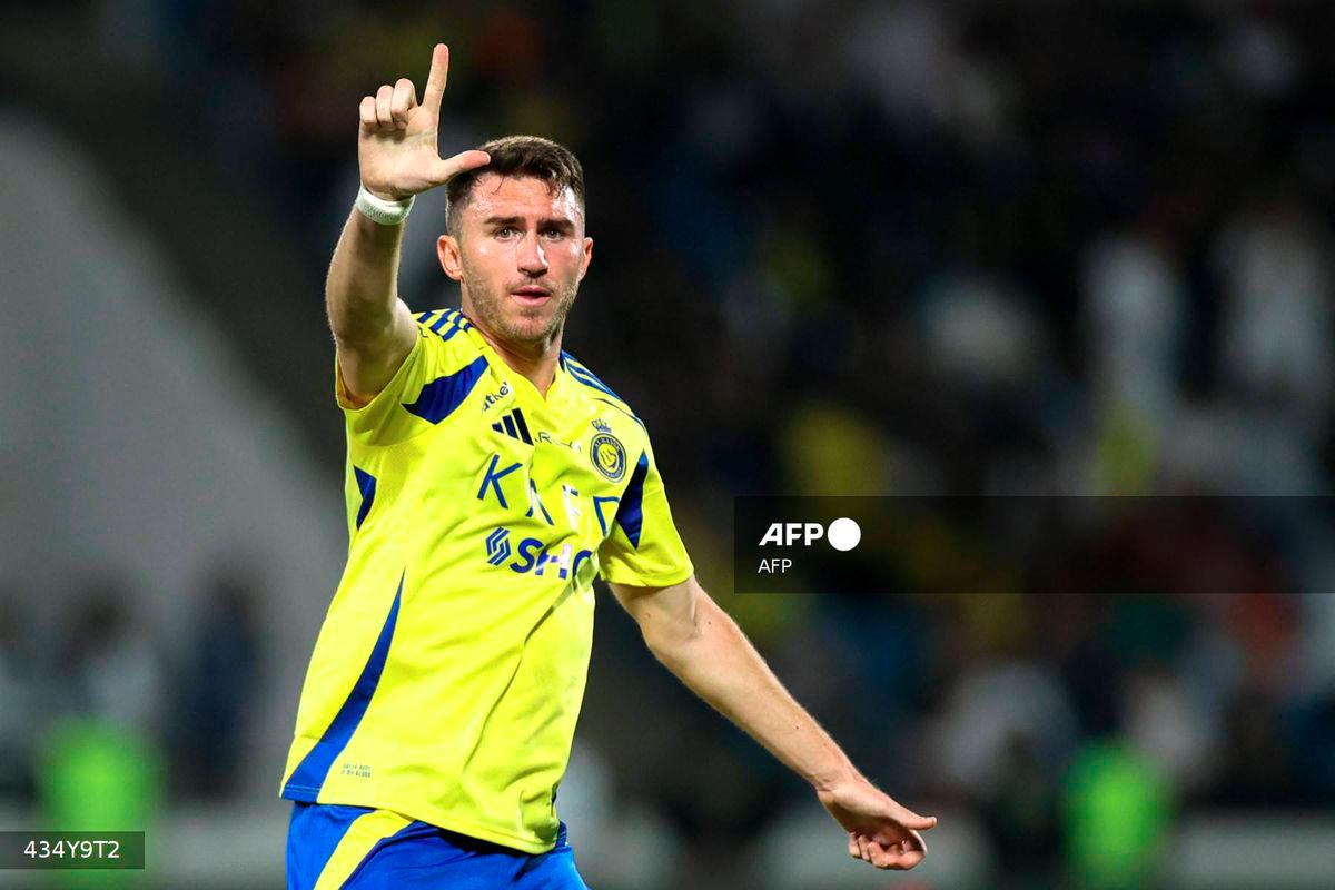 Nassr's French defender #27 Aymeric Laporte celebrates after scoring his team's first goal during the Saudi Pro League football match between Damac and Al-Nassr at Prince Sultan bin Abdulaziz Sports City in Abha on April 22, 2025. - AFP