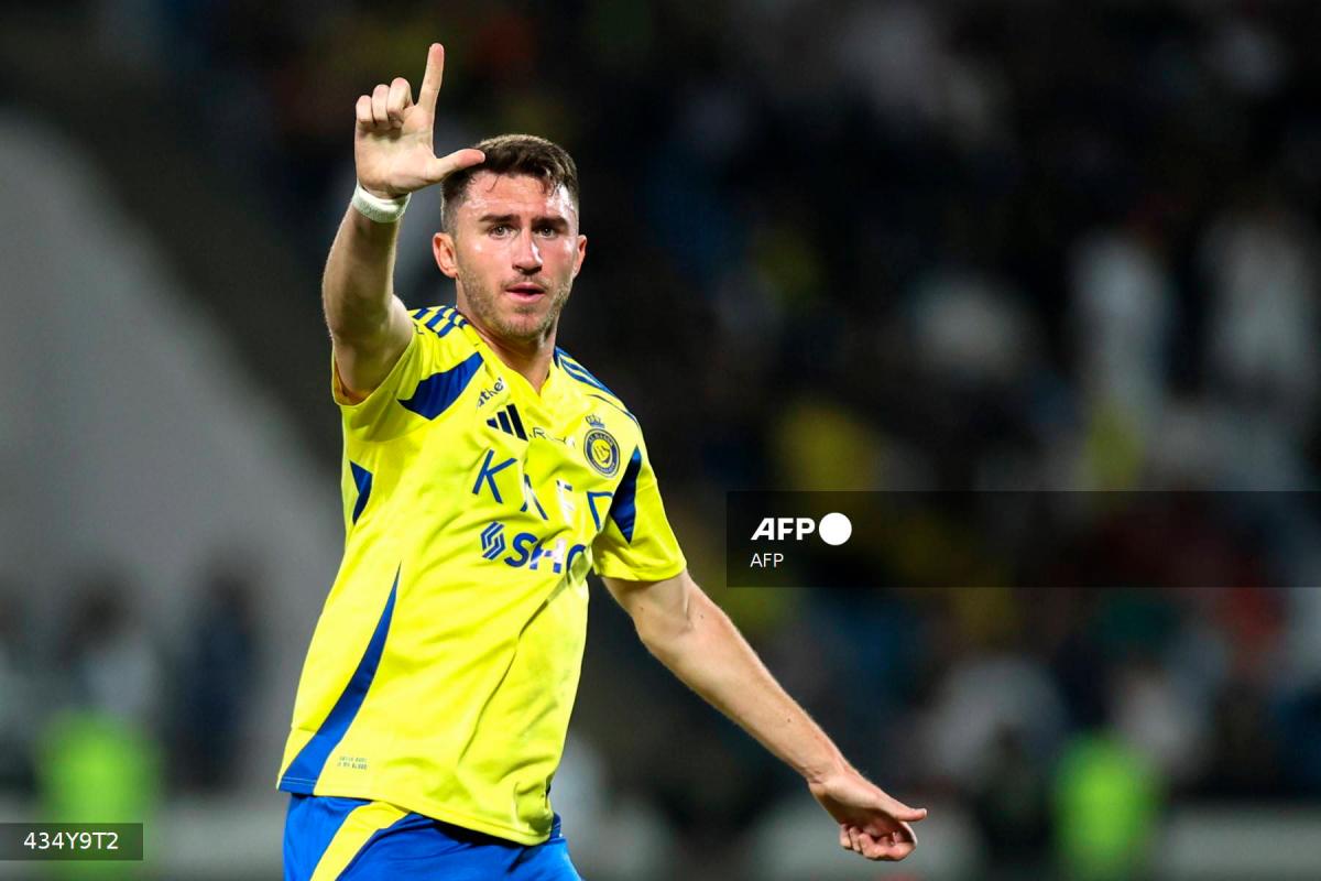 Nassr's French defender #27 Aymeric Laporte celebrates after scoring his team's first goal during the Saudi Pro League football match between Damac and Al-Nassr at Prince Sultan bin Abdulaziz Sports City in Abha on April 22, 2025. - AFPPIX