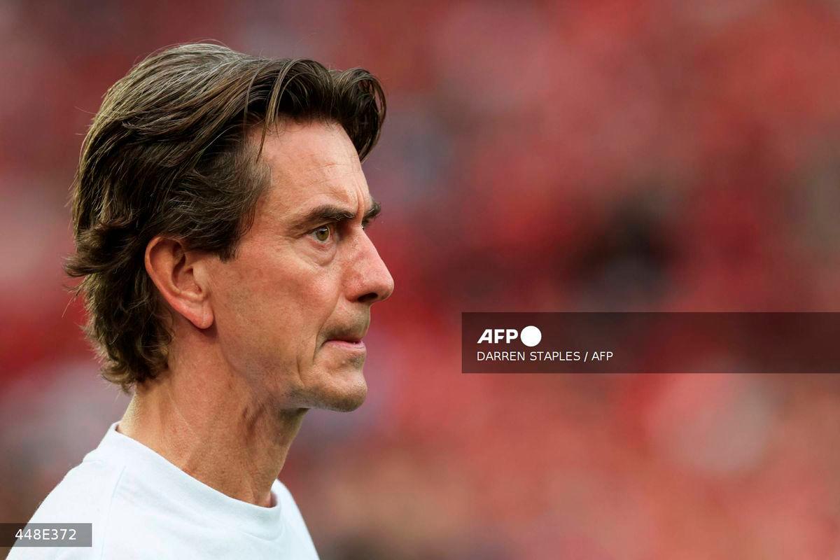 Brentford's Danish head coach Thomas Frank reacts during the English Premier League football match between Nottingham Forest and Brentford at The City Ground in Nottingham, central England, on May 1, 2025. - AFP