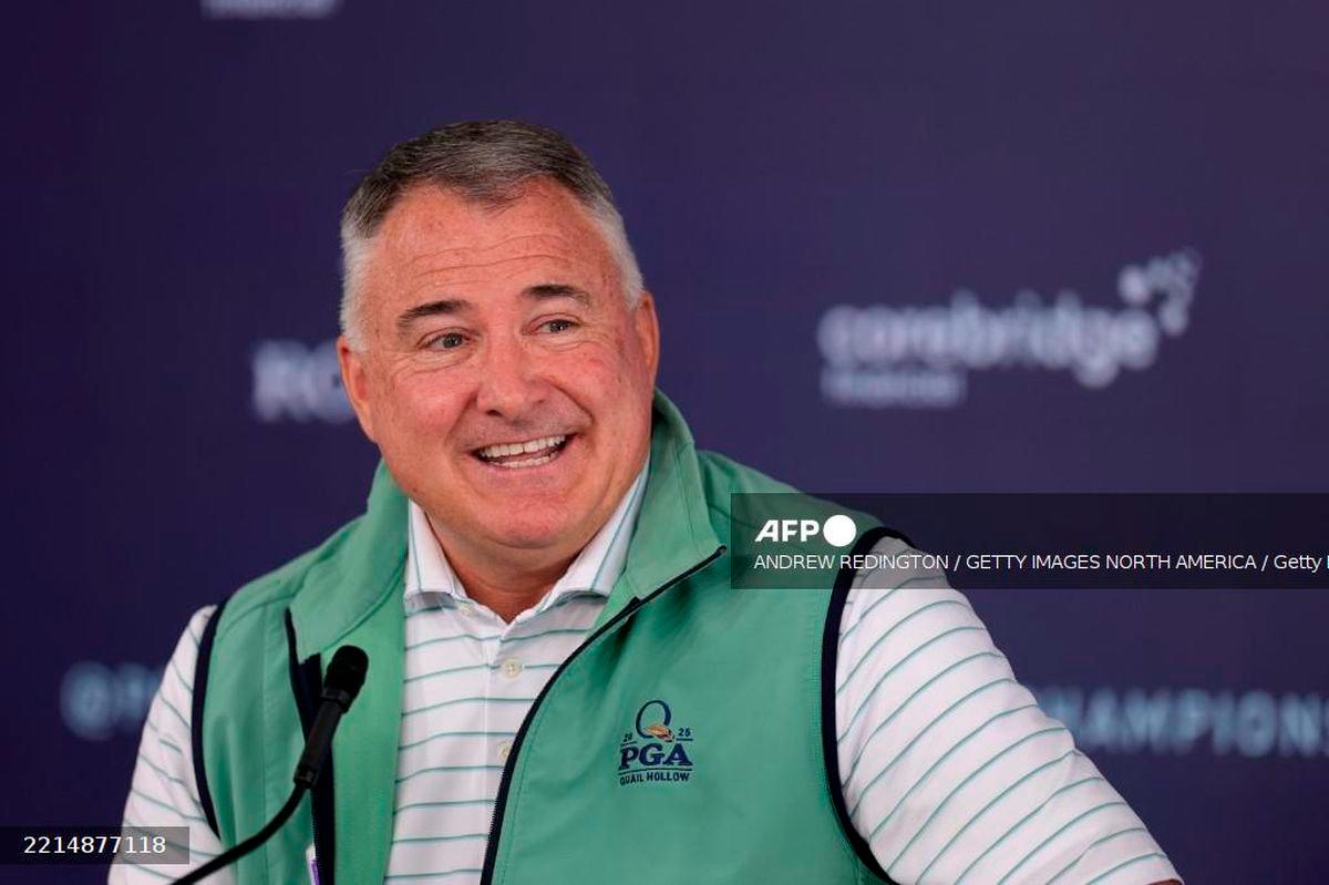 Don Rea Jr., PGA of America President, speaks to the media prior to the PGA Championship at Quail Hollow Country Club on May 13, 2025 in Charlotte, North Carolina. - Getty Images via AFP