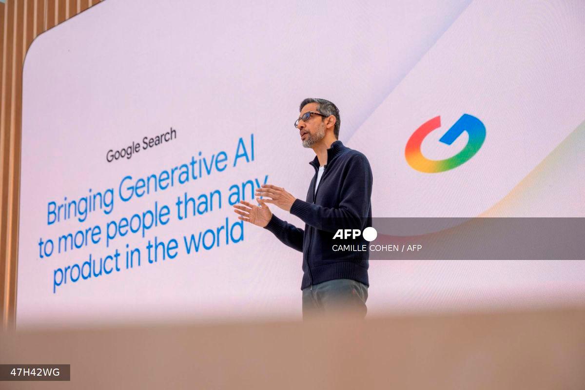 Google CEO Sundar Pichai addresses the crowd during Google's annual I/O developers conference in Mountain View, California on May 20, 2025. - AFP