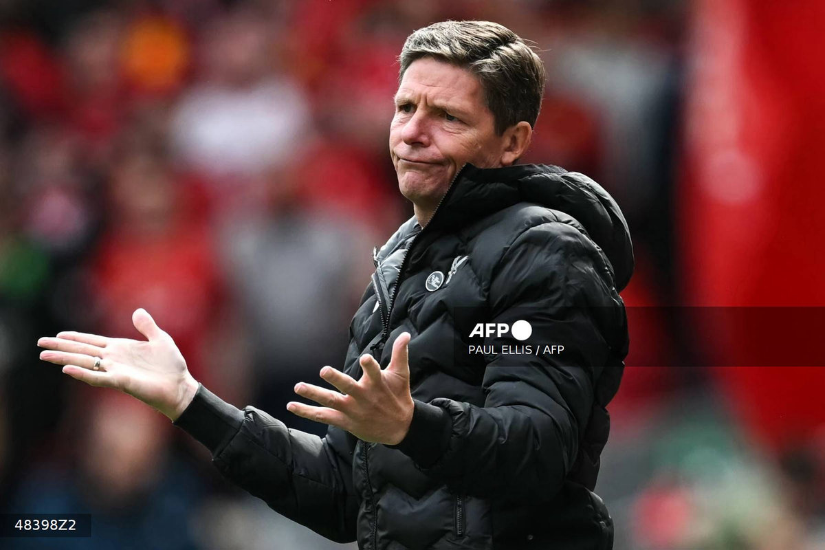 Crystal Palace's Austrian manager Oliver Glasner reacts during the English Premier League football match between Liverpool and Crystal Palace at Anfield in Liverpool, north west England on May 25, 2025. - AFP