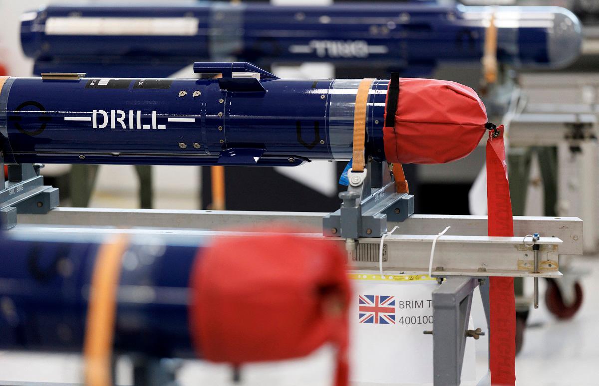 An MBDA Brimstone training weapon is pictured at the MBDA missile factory in Stevenage, on May 31, 2025, ahead of the UK Government's upcoming Strategic Defence Review. - Dan Kitwood / POOL / AFP