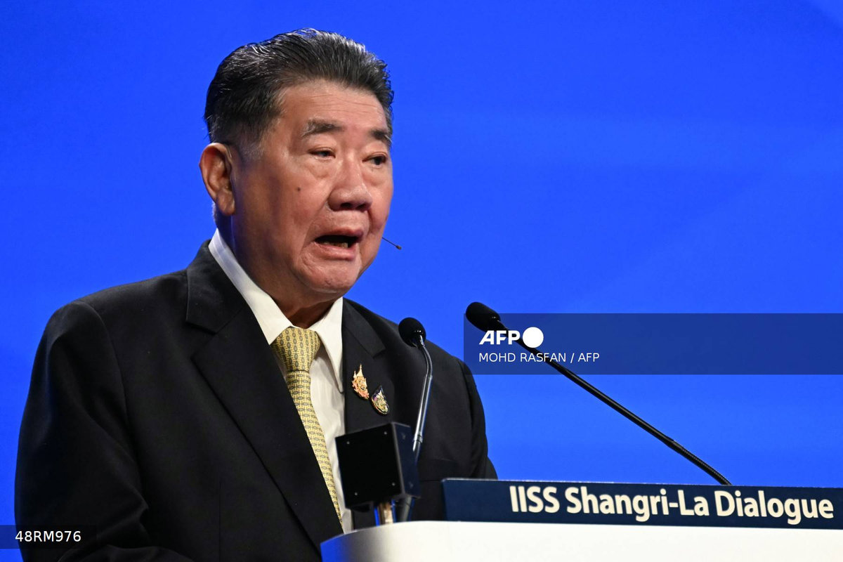 Thailand’s acting Prime Minister Phumtham Wechayachai delivers a speech during the fifth plenary session at the Shangri-La Dialogue Summit in Singapore on June 1, 2025. - AFP
