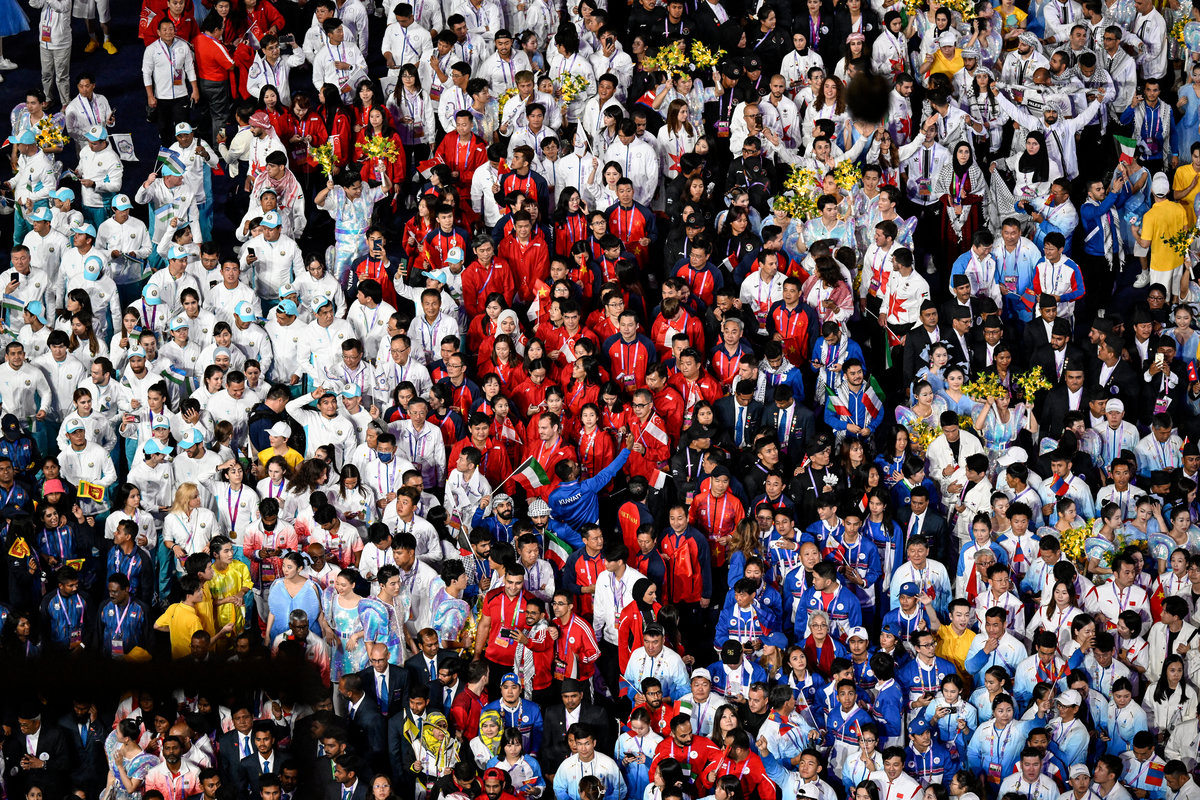 Members of national contingents parade during the closing ceremony of the 2022 Asian Games at the Hangzhou Olympic Sports Centre Stadium in Hangzhou in China’s eastern Zhejiang province on October 8, 2023. - AFPpix