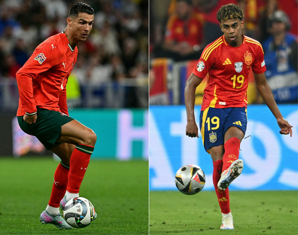 Cristiano Ronaldo (L) controling the ball during the UEFA Nations League semi-final football match between Germany and Portugal in Munich, southern Germany on June 4, 2025 and Spain’s forward #19 Lamine Yamal passing the ball during the UEFA Euro 2024 semi-final football match between Spain and France at the Munich Football Arena in Munich on July 9, 2024. - AFPpix