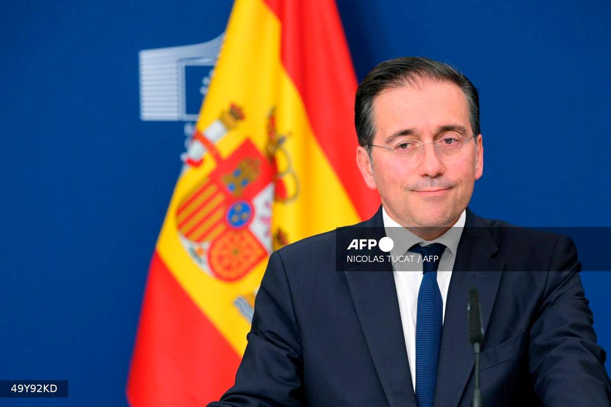 Spanish Foreign Minister Jose Manuel Albares looks on during a press conference on a post-Brexit deal with Spain and Gibraltar at the EU headquarters in Brussels on June 11, 2025. (Photo by Nicolas TUCAT / AFP)