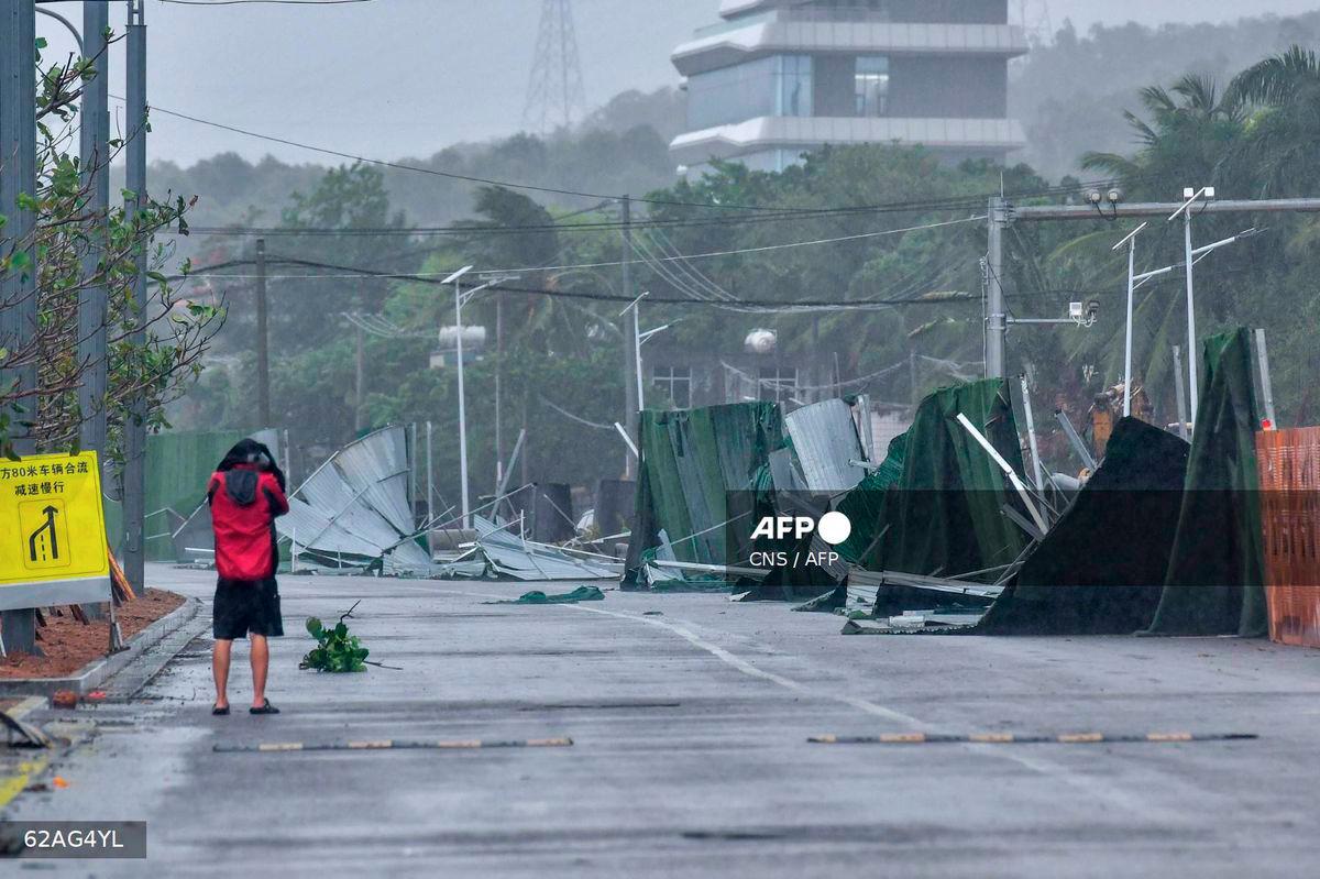 A damaged wall is seen as Typhoon Wutip approaches in Sanya in China's southern Hainan province on June 13, 2025. - CNS / CNS / AFP