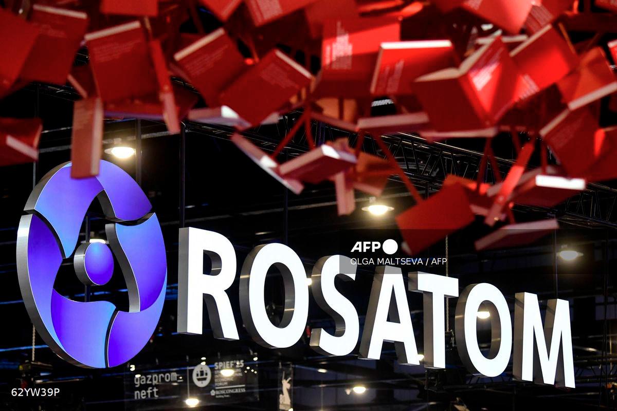 Russia's State Atomic Energy Corporation Rosatom logo is pictured at the Saint Petersburg International Economic Forum (SPIEF) in Saint Petersburg on June 19, 2025. - AFP