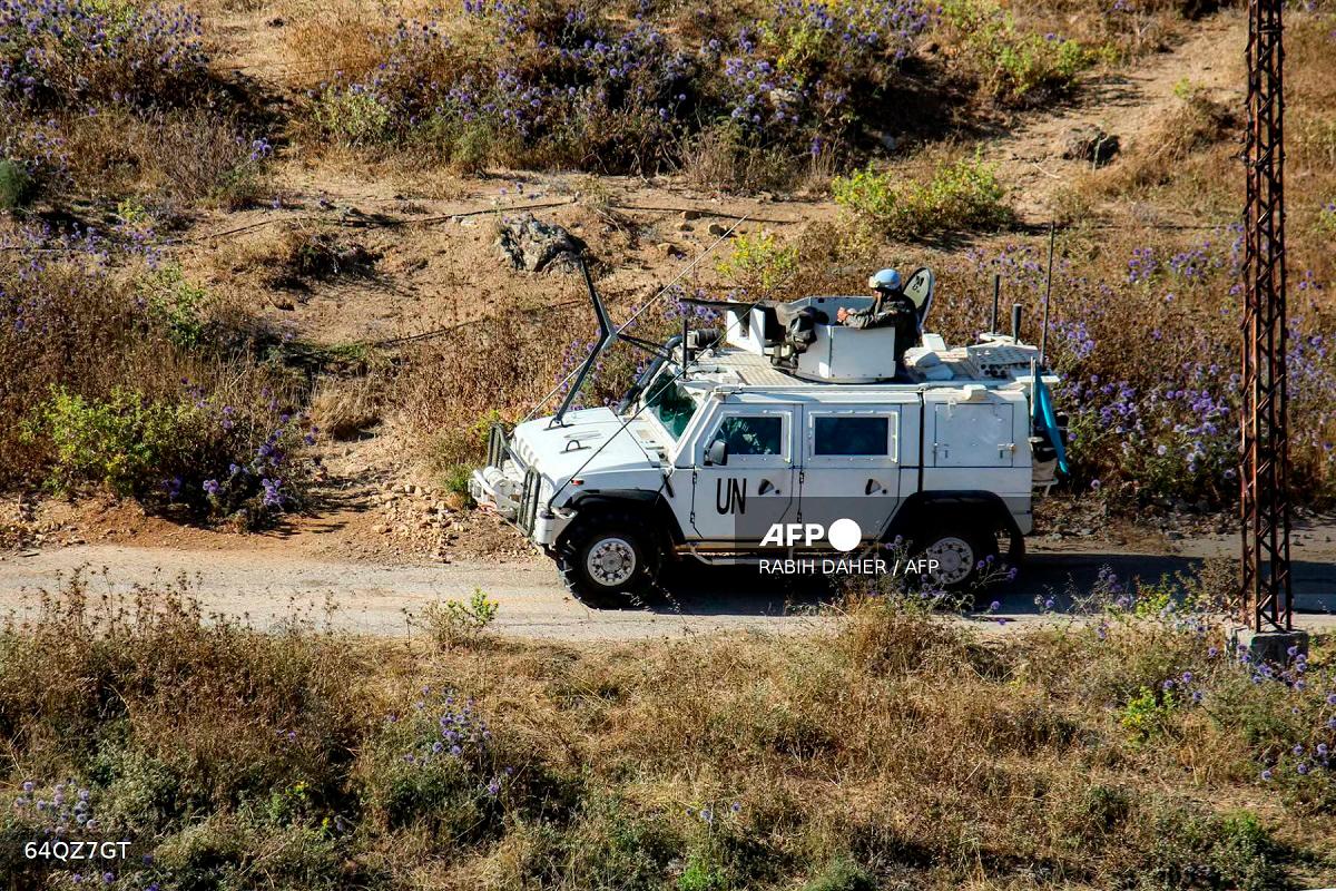 One of the armoured vehicles of the United Nations Interim Force in Lebanon (UNIFIL) peacekeepers patrols in the Buwayda region of Marjayoun in southern Lebanon by the border with Israel on July 4, 2025. - Rabih DAHER / AFP