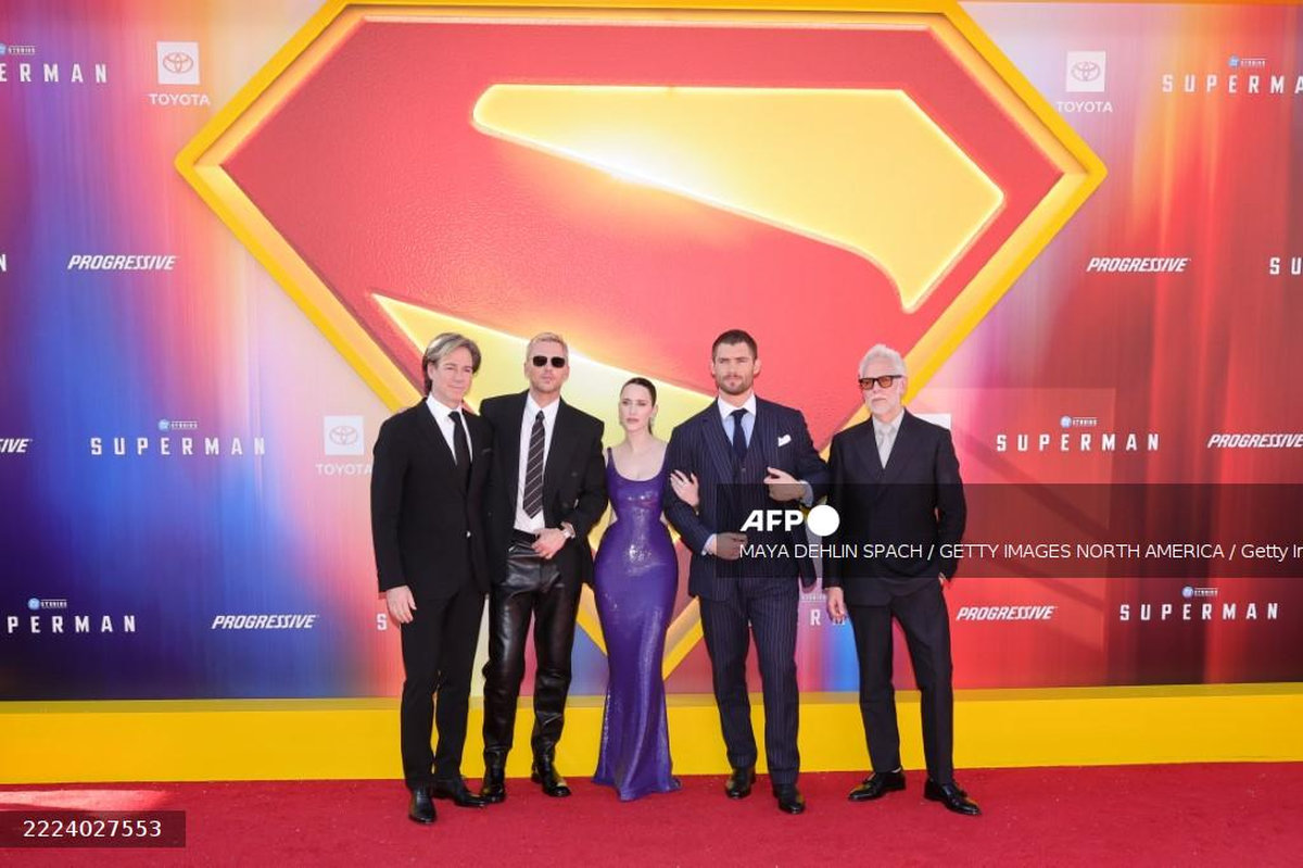(L-R) Peter Safran, Nicholas Hoult, Rachel Brosnahan, David Corenswet and James Gunn, Co-Chairman &amp; CEO, DC Studios attend the Los Angeles Premiere of Warner Bros. “Superman” at TCL Chinese Theatre on July 07, 2025 in Hollywood, California. - Getty Images via AFP