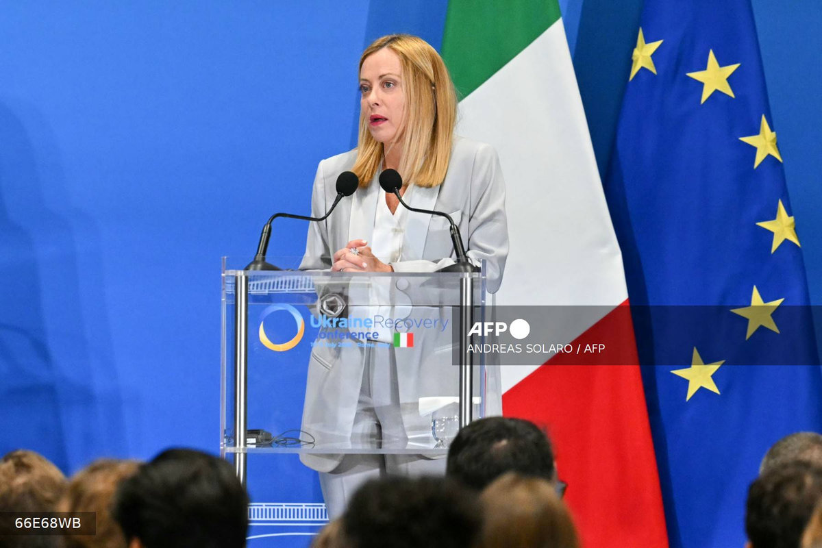Italy’s Prime Minister Giorgia Meloni addresses the audience during a press conference with Ukraine’s President, as part of The Ukraine Recovery Conference 2025 (URC2025) at The Roma Convention Centre in Rome on July 10, 2025. - AFP