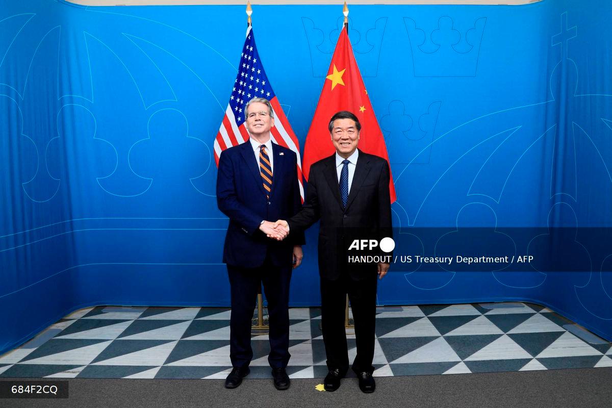 US Treasury Secretary Scott Bessent and Chinese Vice Premier He Lifeng standing for a photo during meetings in Stockholm, Sweden, on July 28, 2025. (Photo by HANDOUT / US Treasury Department / AFP)