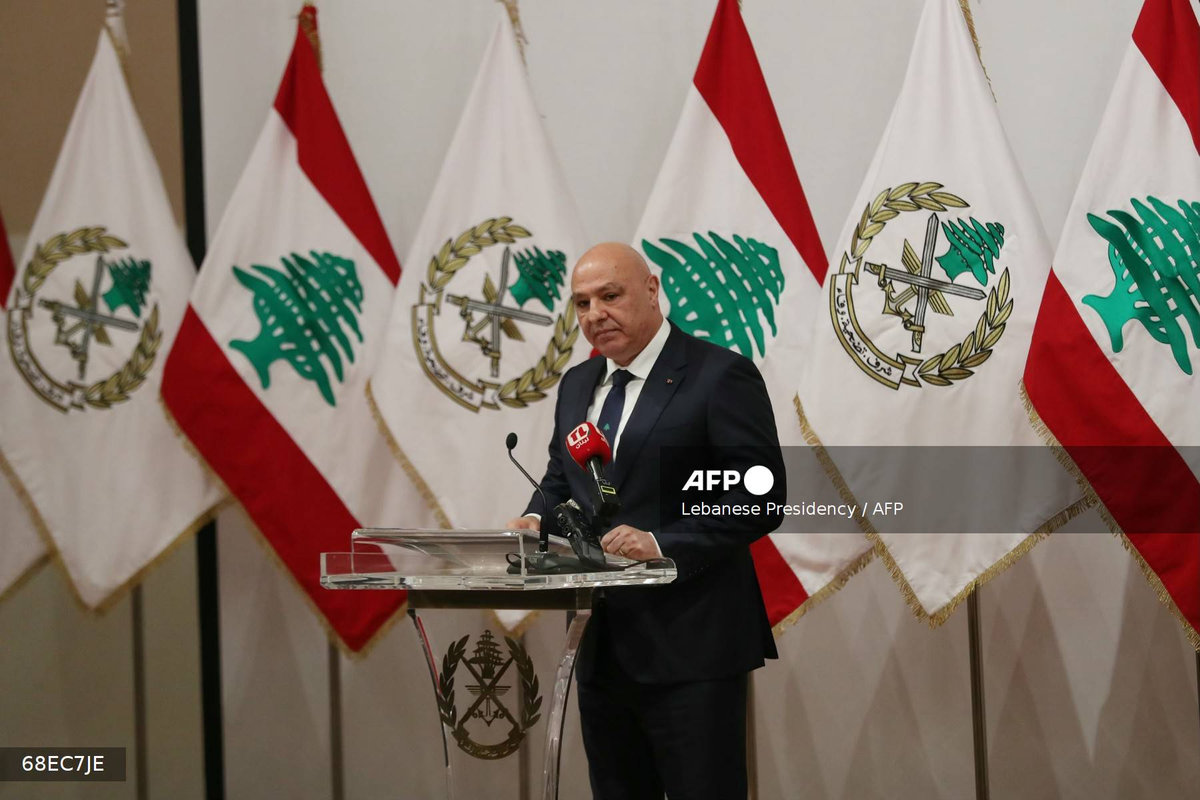 A handout picture provided by the Lebanese Presidency shows Lebanon's President Joseph Aoun delivering a speech on the eve of Army Day at the Ministry of Defence in Yarze on July 31, 2025. - Photo by Lebanese Presidency / AFP