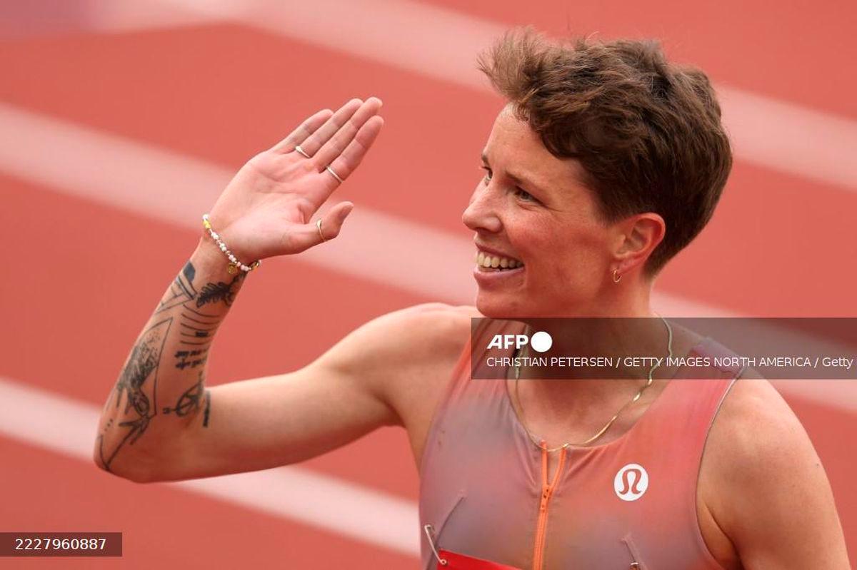 Nikki Hiltz celebrates after competing in the Toyota Women’s 1500m during the 2025 USATF Outdoor Championships at Hayward Field on July 31, 2025 in Eugene, Oregon. (Photo by Christian Petersen / GETTY IMAGES NORTH AMERICA / Getty Images via AFP)
