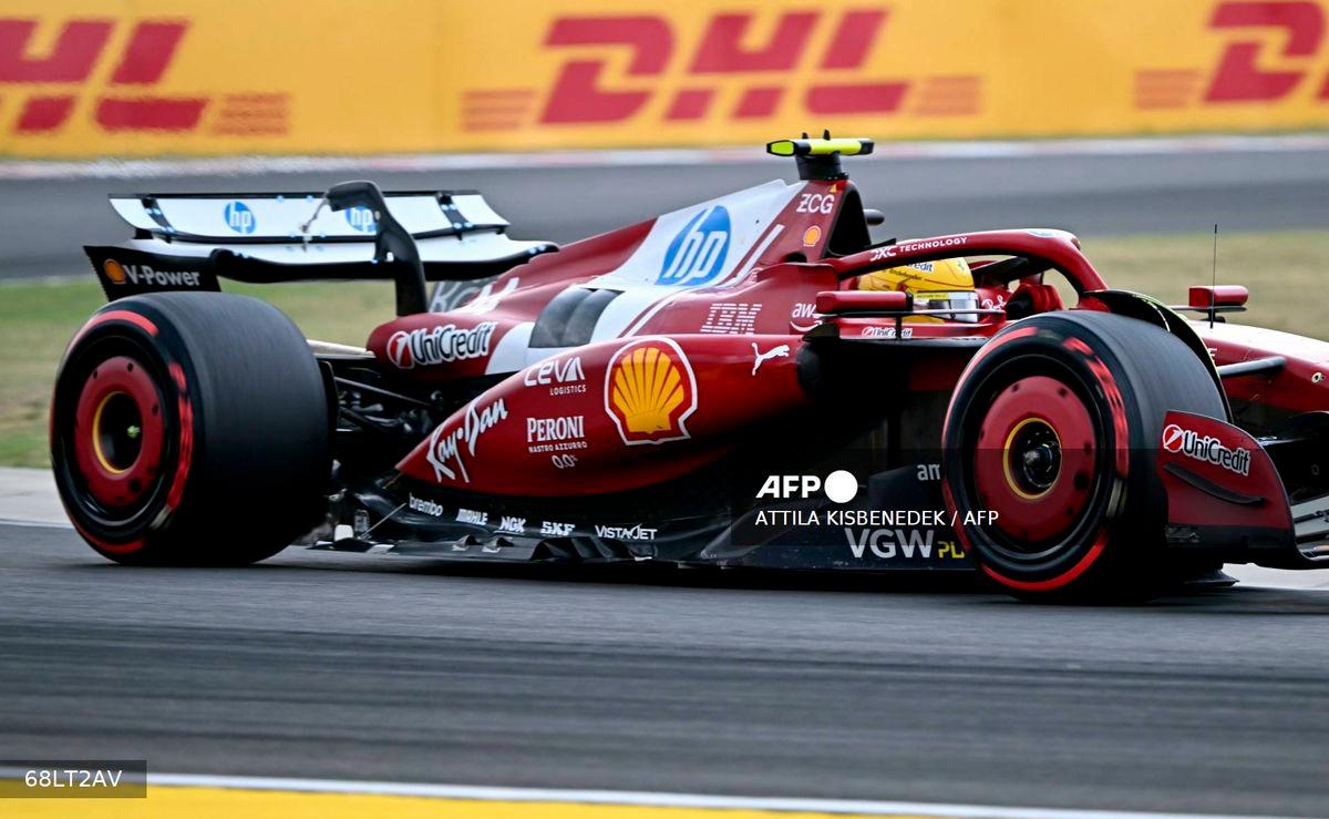 Ferrari’ British driver Lewis Hamilton competes during the qualifying session of the Formula One Hungarian Grand Prix at the Hungaroring circuit in Mogyorod, near Budapest, Hungary, on August 2, 2025. (Photo by Attila KISBENEDEK / AFP)
