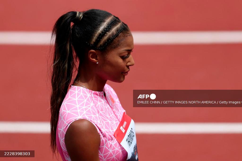 Gabby Thomas looks on before the Toyota Women's 200m final during the 2025 USATF Outdoor Championships at Hayward Field on August 03, 2025 in Eugene, Oregon. - Emilee Chinn/Getty Images/AFPPIX