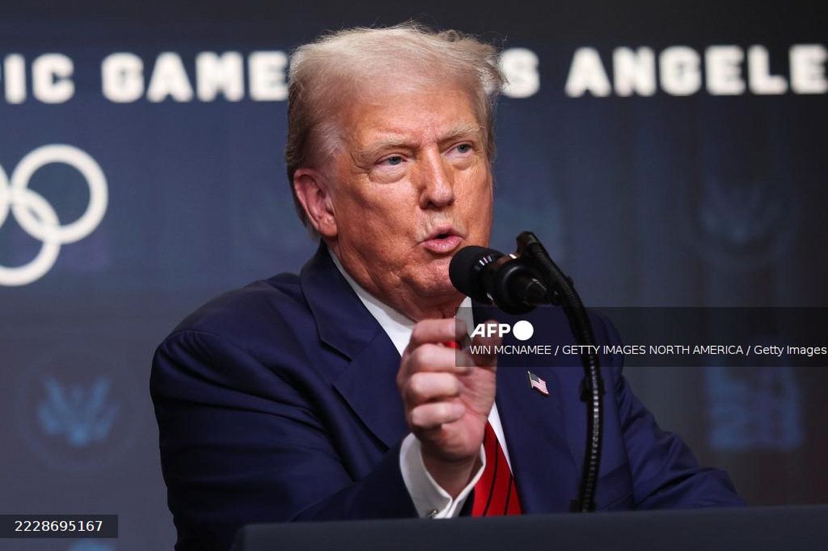 U.S. President Donald Trump speaks to reporters after signing an executive order during a ceremony in the South Court Auditorium in the Eisenhower Executive Office Building on August 5, 2025 in Washington, DC. - Getty Images via AFP