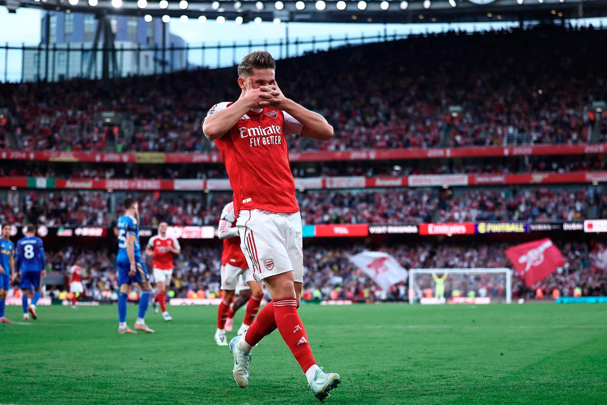 Arsenal’s Swedish striker #14 Viktor Gyokeres celebrates scoring the team’s fifth goal from the penalty spot during the English Premier League football match between Arsenal and Leeds United at the Emirates Stadium. - AFP