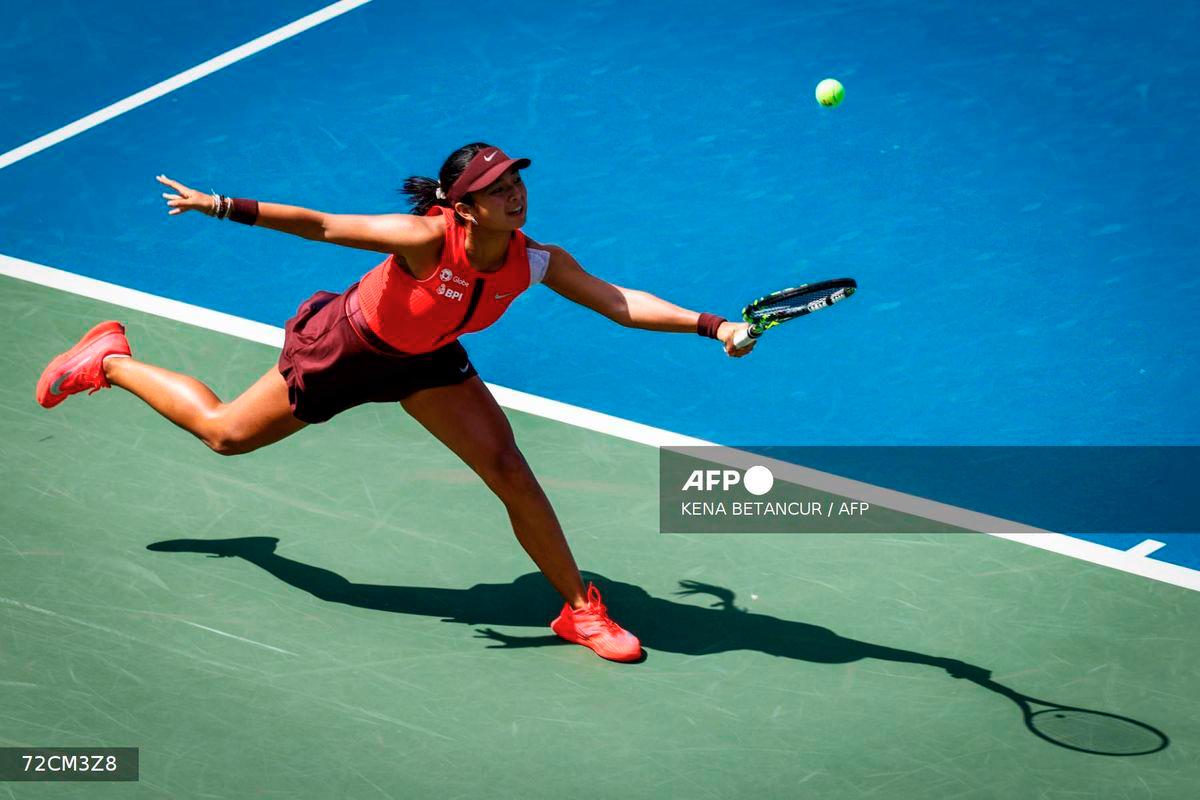Philippines' Alexandra Eala plays a return to Denmark's Clara Tauson during their women's singles first round tennis match on day one of the US Open tennis tournament at the USTA Billie Jean King National Tennis Center in New York City, on August 24, 2025. - AFP