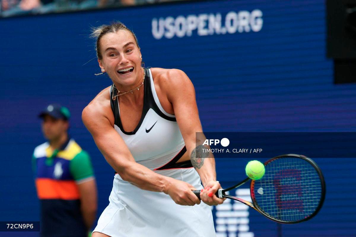 Belarus's Aryna Sabalenka plays a return to Switzerland's Rebeka Masarova during their women's singles first round tennis match on day one of the US Open tennis tournament at the USTA Billie Jean King National Tennis Center in New York City, on August 24, 2025. - AFP
