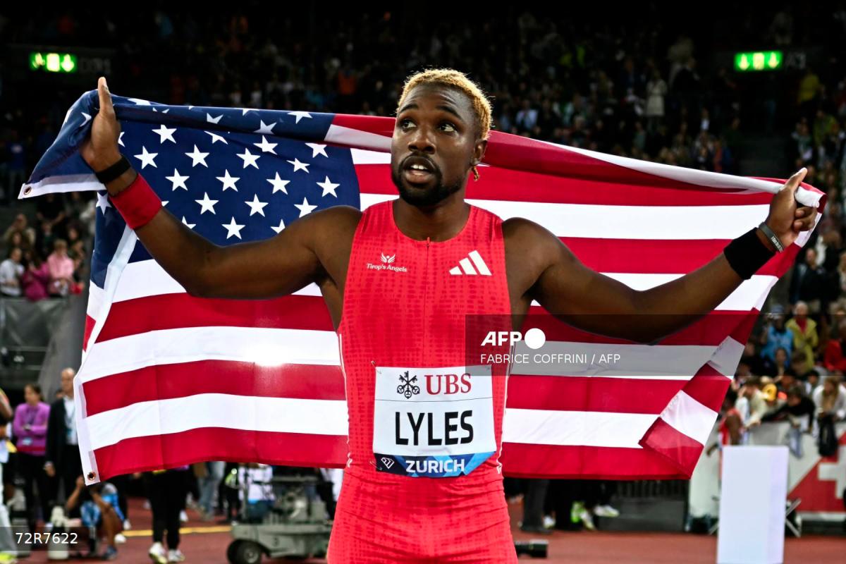 US Noah Lyles celebrates after winning the 200m Men event of the Diamond League athletics meeting Weltklasse at the Letzigrund stadium in Zurich, on August 28, 2025. - AFPPIX