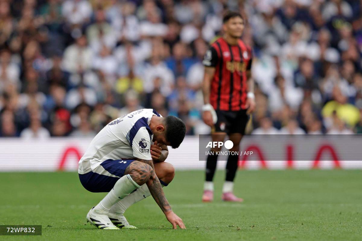 Tottenham Hotspur's Argentinian defender #17 Cristian Romero reacts during the English Premier League football match between Tottenham Hotspur and Bournemouth at the Tottenham Hotspur Stadium in London, on August 30, 2025. - AFP