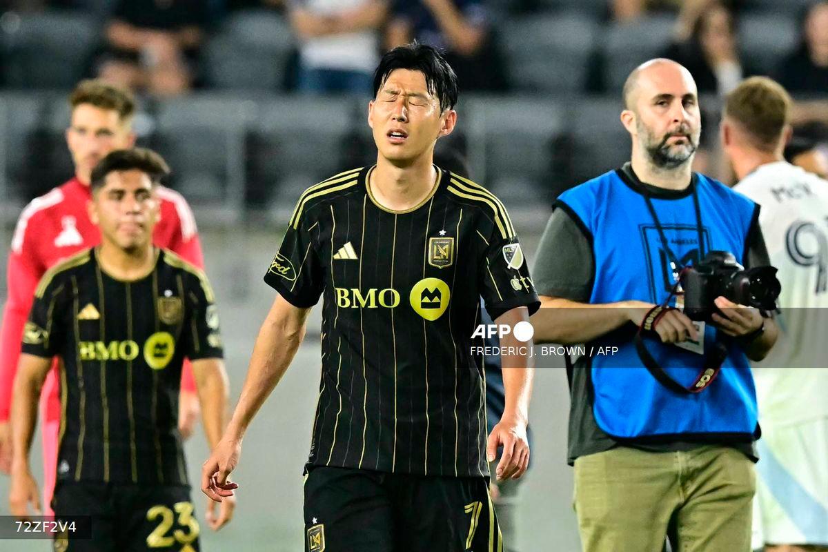 LAFC’s Korean forward #07 Son Heung-min reacts at the end of the Major League Soccer (MLS) football match between Los Angeles Football Club (LAFC) and San Diego FC at BMO Stadium in Los Angeles, California on August 31, 2025. (Photo by Frederic J. Brown / AFP)