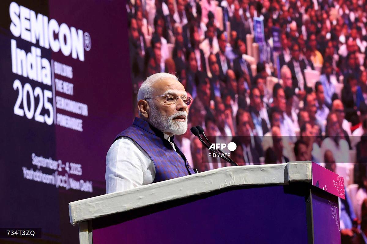 India’s Prime Minister Narendra Modi speaks at the launch of annual Semicon India conference in New Delhi - (Photo by PIB / AFP)