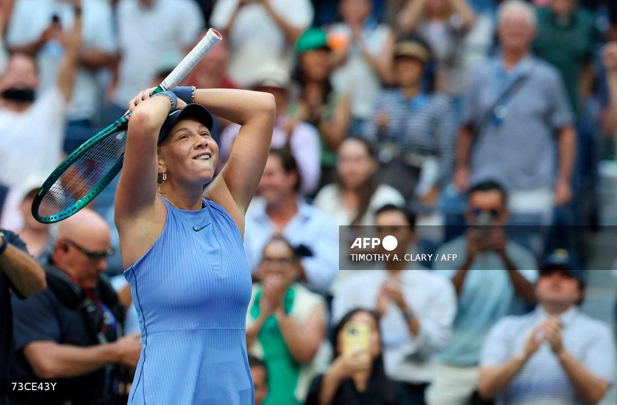USA's Amanda Anisimova reacts after defeating Poland's Iga Swiatek in their women's singles quarterfinal tennis match on day eleven of the US Open tennis tournament at the USTA Billie Jean King National Tennis Center in New York City, on September 3, 2025. - AFP