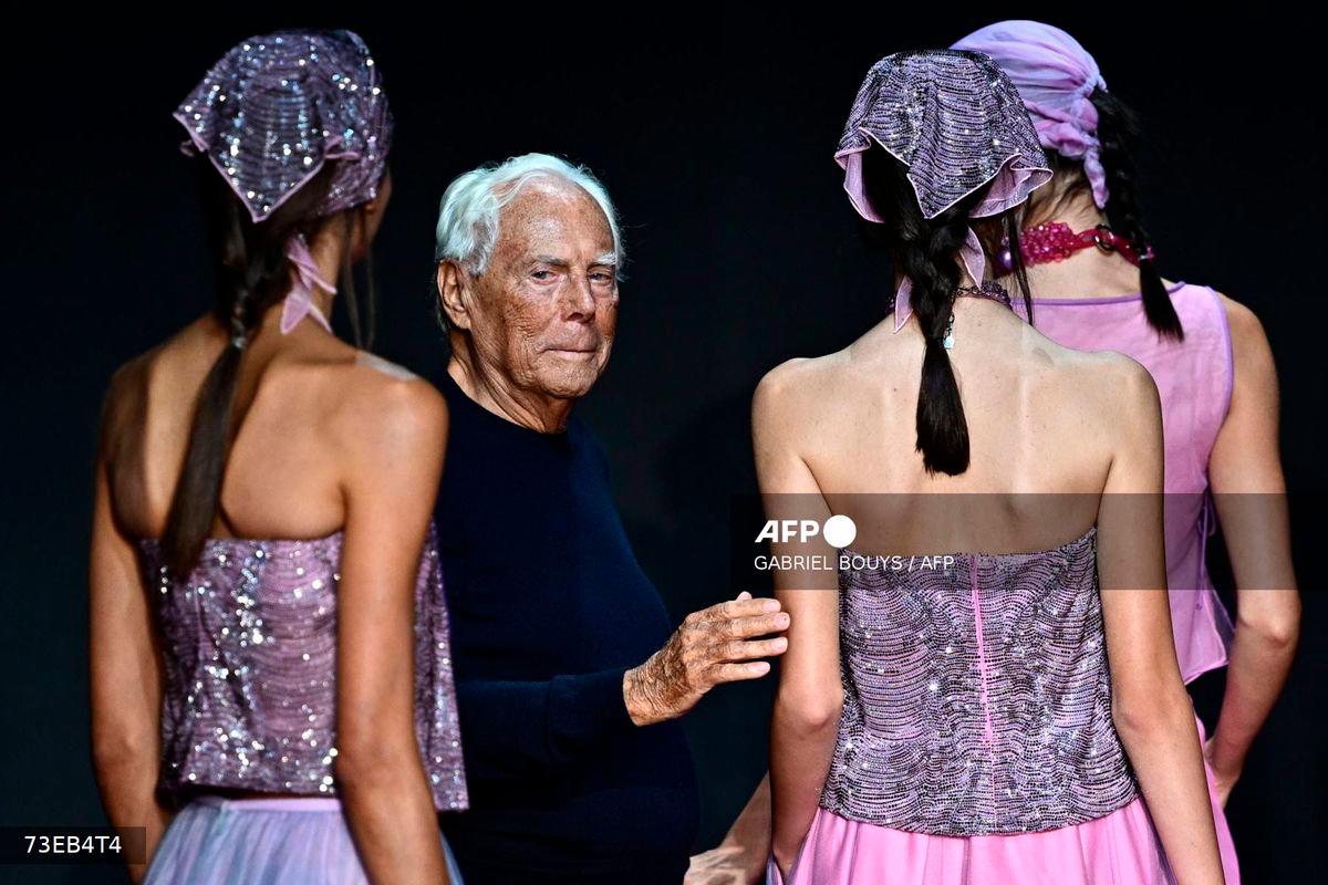 Italian designer Giorgio Armani walks the runway of the Emporio Armani fashion show during the Milan Fashion Week Womenswear Spring/Summer 2024 on September 21, 2023 in Milan. - AFP