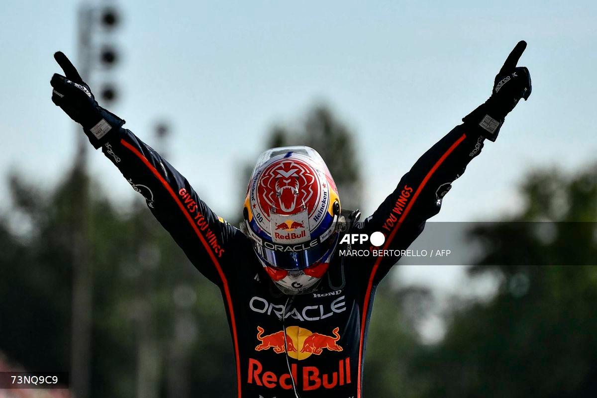 Red Bull Racing’s Dutch driver Max Verstappen celebrates after winning the Italian Formula One Grand Prix at the Autodromo Nazionale Monza circuit, in Monza, northern Italy, on September 7, 2025. (Photo by Marco BERTORELLO / AFP)