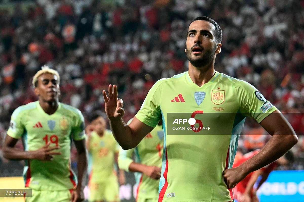 Spain's midfielder #06 Mikel Merino (R) celebrates after scoring Spain's fifth goal during the FIFA World Cup 2026 Group E qualification football match between Turkey and Spain at the Konya Buyuksehir Belediye Stadium, in Konya, on September 7, 2025. - AFP