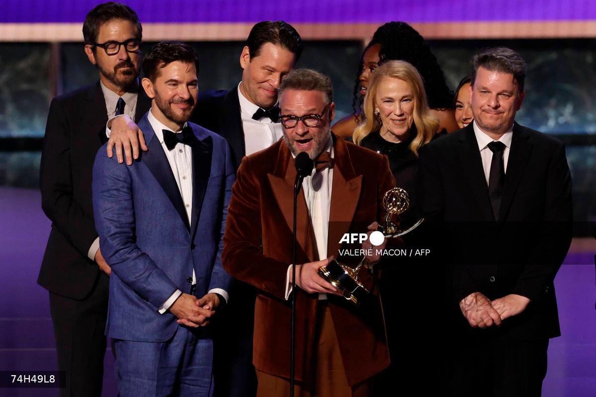 US-Canadian actor Seth Rogen accepts the Outstanding Comedy Series award for “The Studio” during the 77th Primetime Emmy Awards at the Peacock Theatre at LA Live in Los Angeles on September 14, 2025. (Photo by VALERIE MACON / AFP)