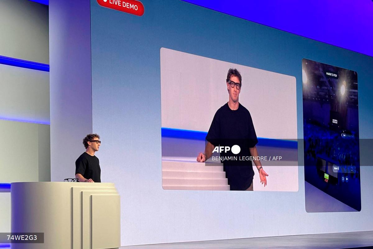 Meta CEO Mark Zuckerberg speaks as he presents the new Meta Ray-Ban Display at the 2025 Meta Connect conference in Menlo Park, California, on September 17, 2025. (Photo by Benjamin LEGENDRE / AFP)