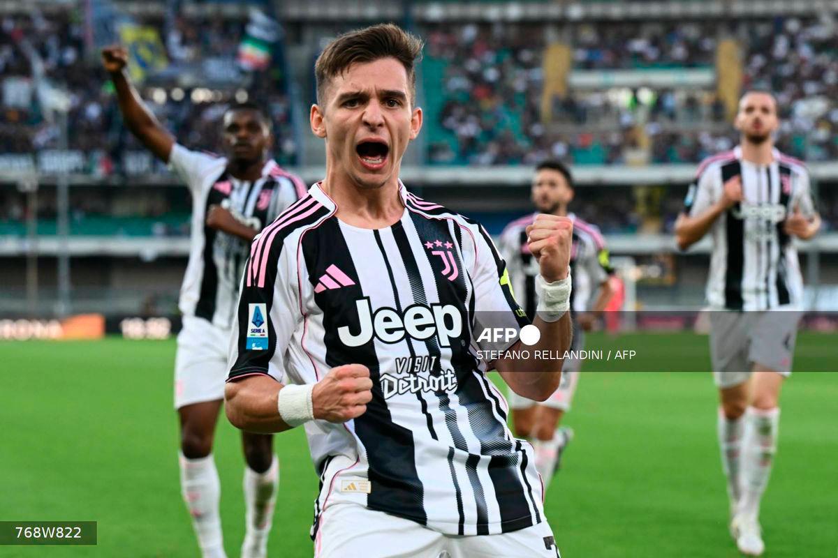 Juventus' Portuguese forward #07 Francisco Chico Conceicao celebrates scoring his team's first goal during the Italian Serie A football match between Hellas Verona and Juventus at the Marcantonio Bentegodi stadium in Verona, on September 20, 2025. - AFP