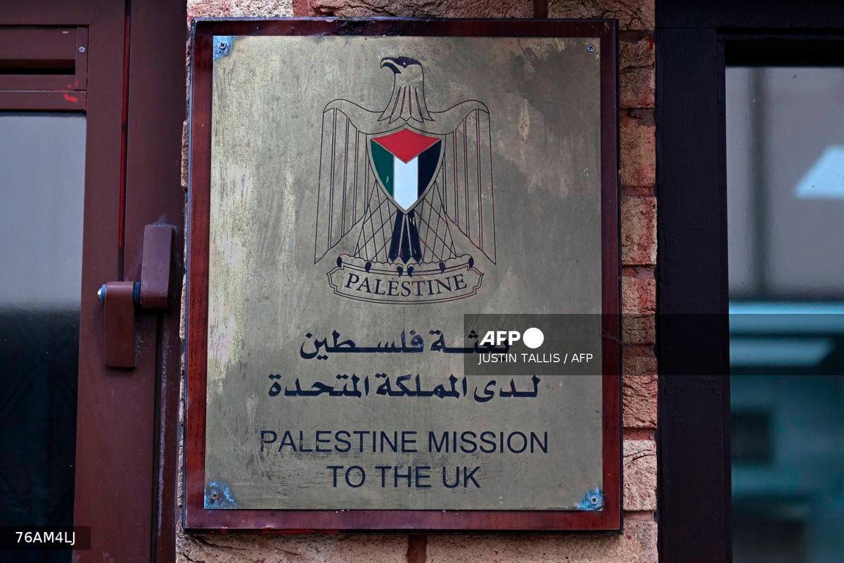 A sign is seen outside the Palestine Mission to the UK on September 21, 2025 in west London. UK Prime Minister Keir Starmer on Sunday said Britain was formally recognising a State of Palestine, in a historic shift in decades of British foreign policy. - AFP