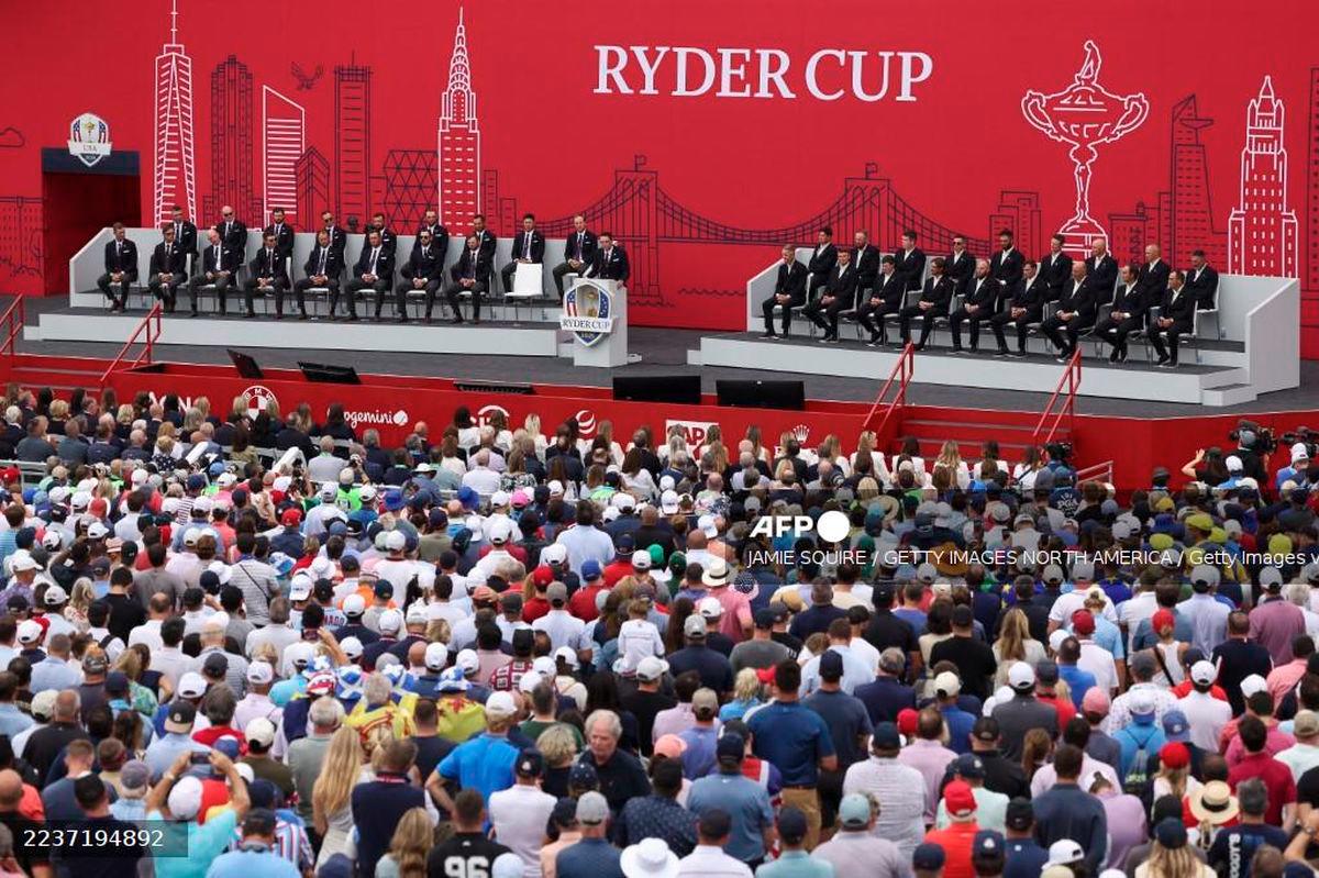 Captain Keegan Bradley of Team United States speaks to the crowd during the opening ceremony for the 2025 Ryder Cup at Black Course at Bethpage State Park Golf Course on September 24, 2025 in Farmingdale, New York. - Getty Images via AFP