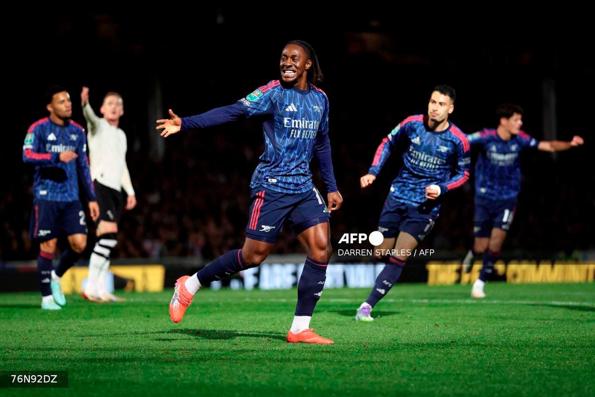 Arsenal's English midfielder #10 Eberechi Eze celebrates scoring the team's first goal during the English League Cup third round football match between Port Vale and Arsenal at Vale Park in Stoke-on-Trent, central England on September 24, 2025. - AFP