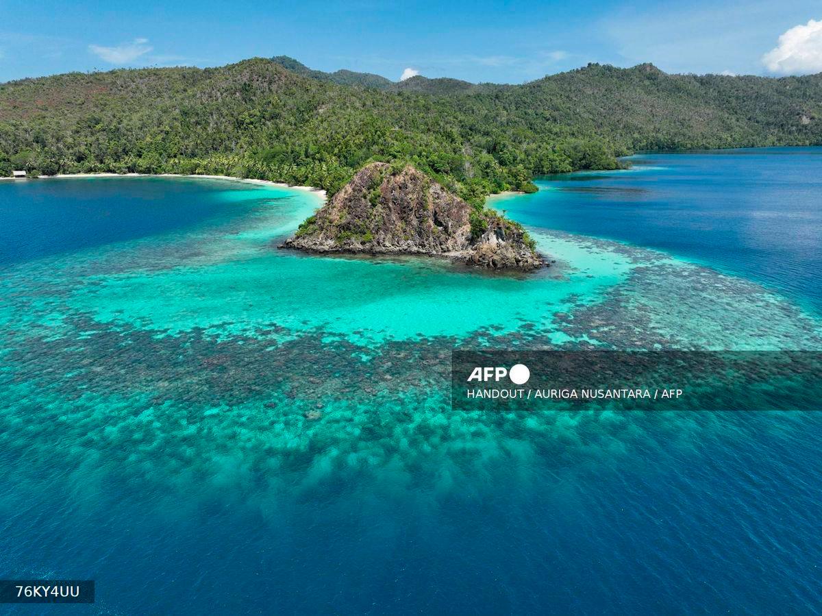 A handout aerial picture taken in December 2024 and released on September 24, 2025 by Indonesian NGO Auriga Nusantara shows coral reefs surrounding Batang Pele Island in Raja Ampat, Southwest Papua. AFP PHOTO / AURIGA NUSANTARA