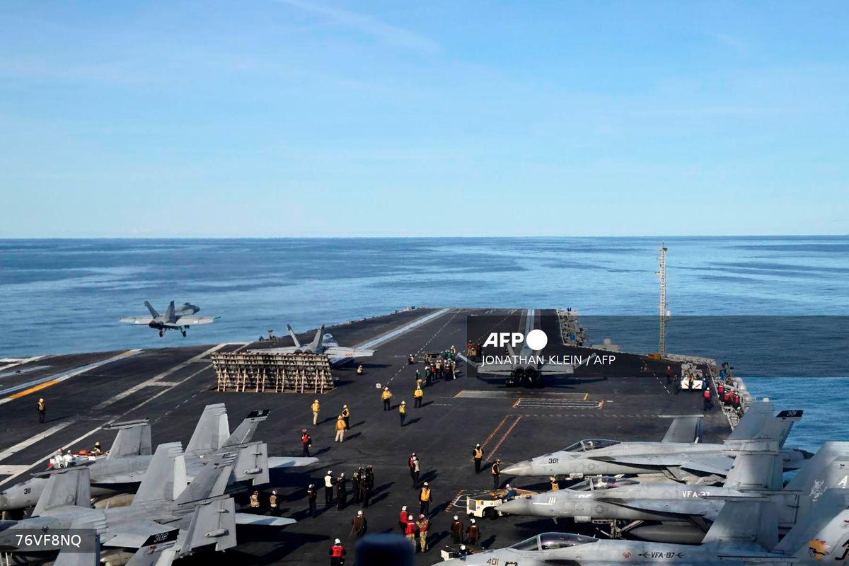 F-18E fighter jet take off from aircraft carrier USS Gerald R. Ford as it sails during NATO Neptune Strike 2025 exercise on September 24, 2025 in the North Sea. - AFP