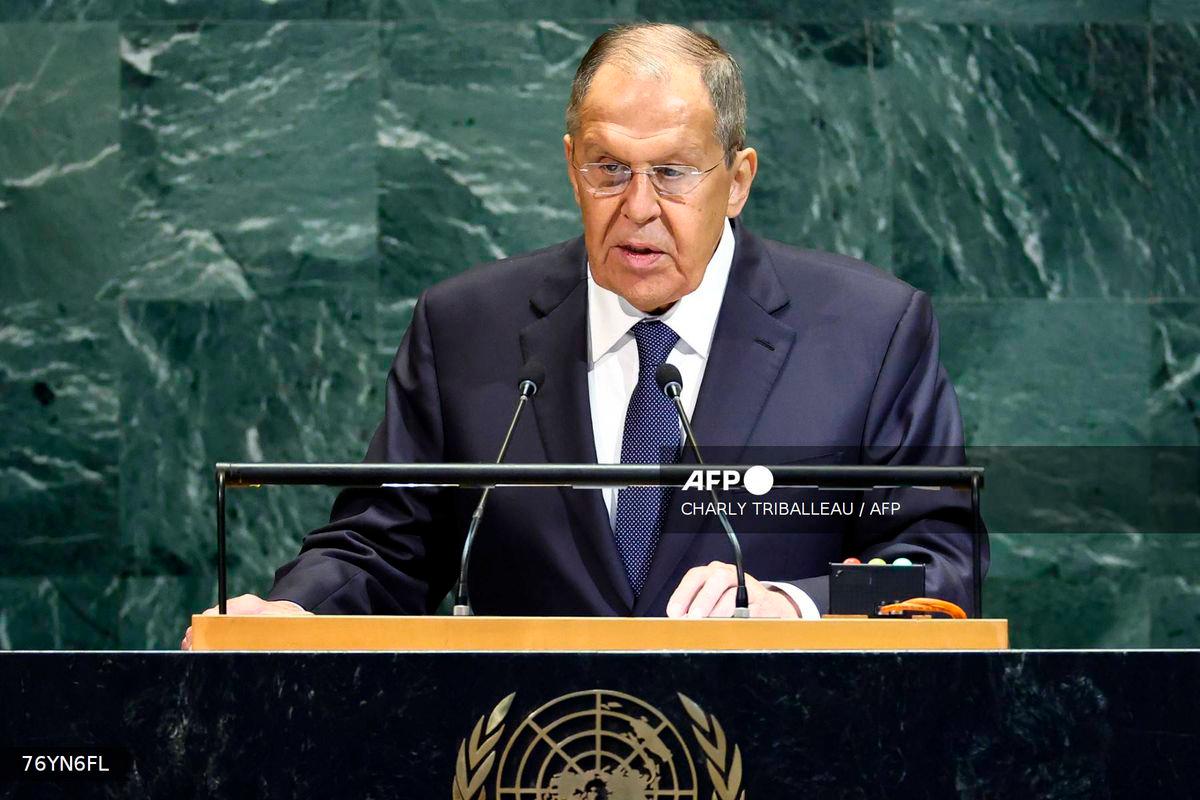 Russian Foreign Minister Sergei Lavrov addresses the United Nations General Assembly at UN headquarters in New York City on September 27, 2025. (Photo by CHARLY TRIBALLEAU / AFP)