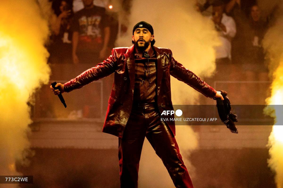 (FILES) Puerto Rican singer Bad Bunny performs on stage during his Most Wanted Tour at the Kaseya Center in Miami on May 24, 2024. - AFP