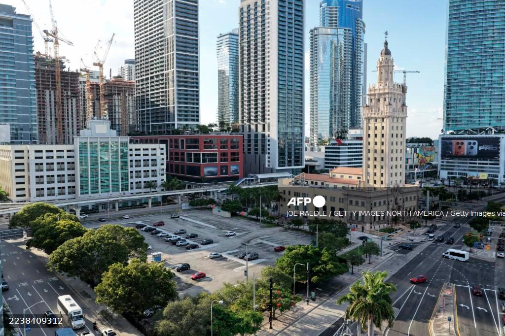 In an aerial view, a parking lot adjacent to the Freedom Tower was voted by Florida officials to be donated as the potential site for President Donald Trump's future presidential library on September 30, 2025 in Miami, Florida. - Joe Raedle/Getty Images/AFPPIX