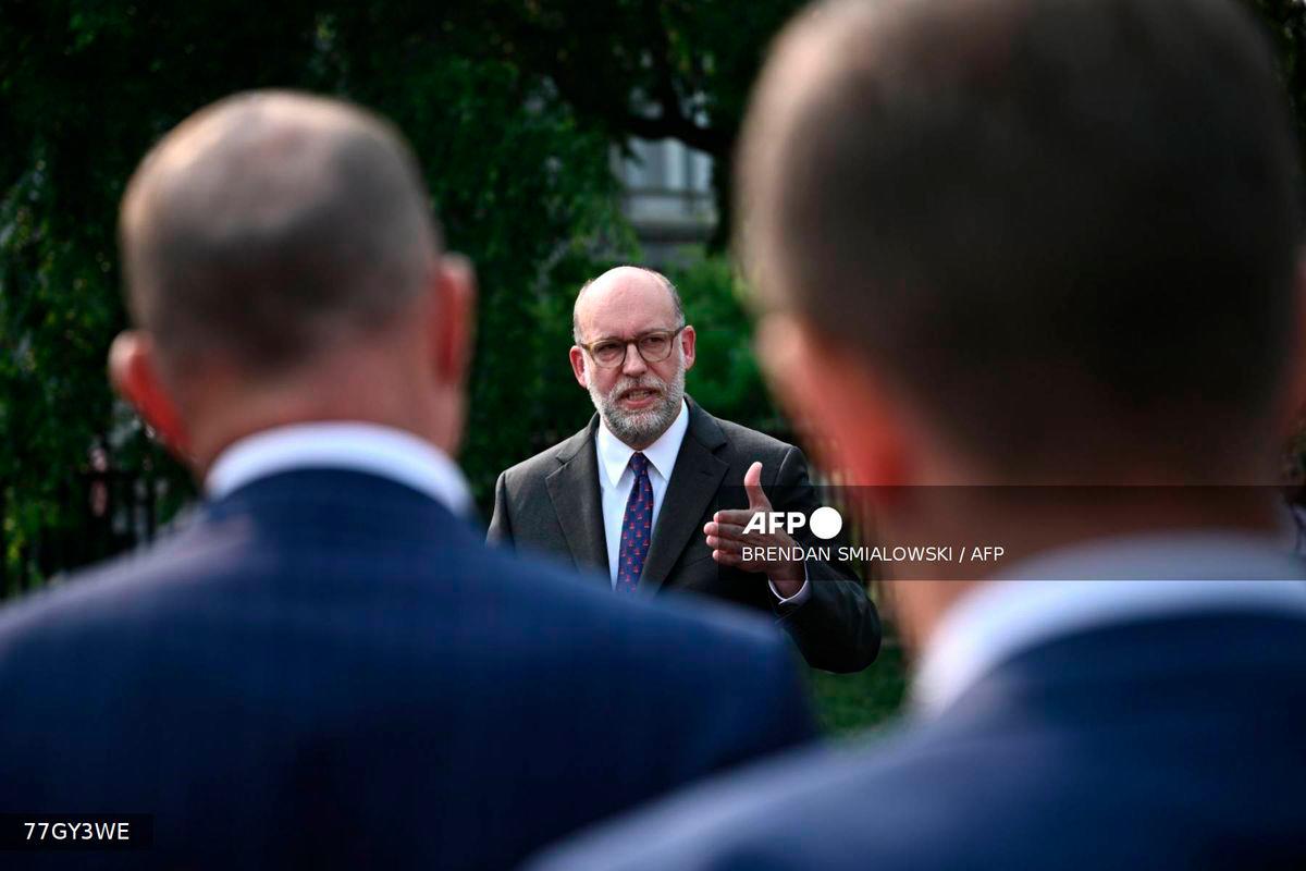 (FILES) Russell Vought, Director of the Office of Management and Budget (OMB), speaks to the press outside the White House in Washington, DC on June 3, 2025. - AFP