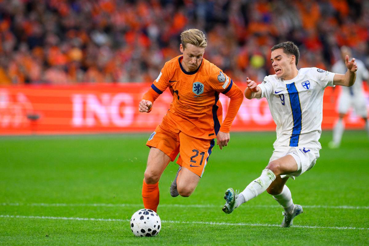 Netherlands’ midfielder #21 Frenkie De Jong (L) fights for the ball with Finland’s midfielder #9 Leo Walta during the FIFA World Cup 2026 Group G qualification football match between Netherlands and Finland, at the Johan Cruyff Arena in Amsterdam, on October 12, 2025. AFPPix