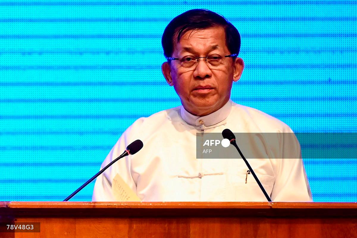 Myanmar’s junta chief Min Aung Hlaing delivers a speech during a ceremony to mark the 10th anniversary of the Nationwide Ceasefire Agreement (NCA) in Naypyidaw on October 15, 2025. - AFPpix
