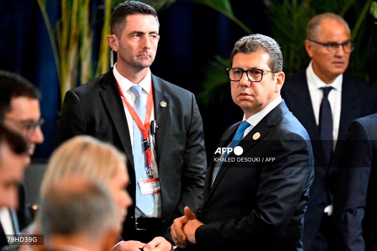Egypt’s intelligence head Hassan Rashad (2nd R) is pictured on the sidelines of a summit meeting on Gaza in the Red Sea resort of Sharm el-Sheikh on October 13, 2025. Photo by KHALED DESOUKI / AFP
