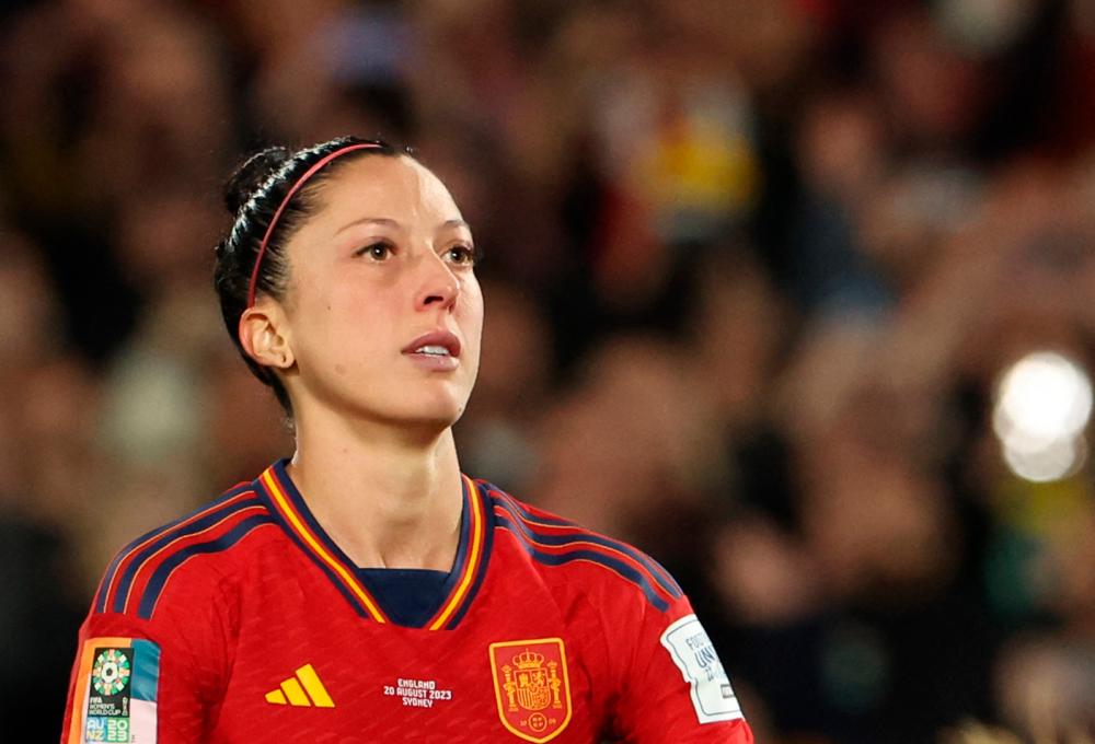 (FILES) Spain's midfielder #10 Jennifer Hermoso reacts after failing to score a penalty shot during the Australia and New Zealand 2023 Women's World Cup final football match between Spain and England at Stadium Australia in Sydney on August 20, 2023. - AFPPIX