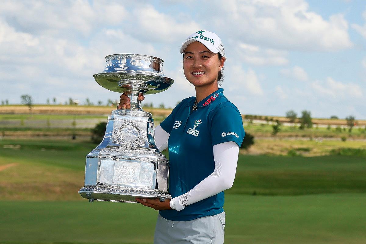 Minjee Lee of Australia poses with the trophy after winning the KPMG Women's PGA Championship 2025. – Getty Images